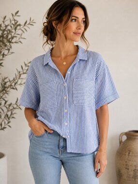 Universal Thread Blue White Striped Linen Blend Button Front Camp Shirt S